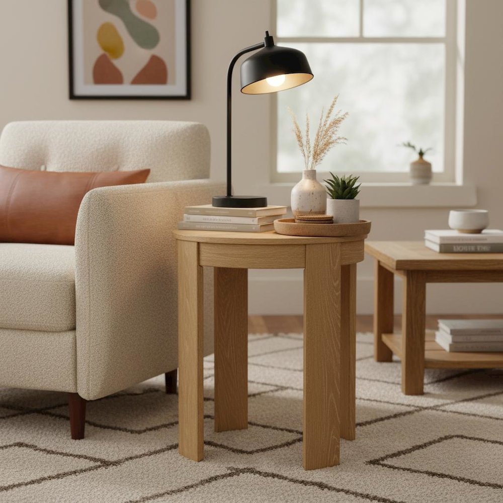 Round End Table, Light Wood Finish, Transitional Style, Single Piece