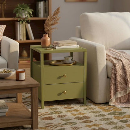 Olive Finish End Table with Drawer and Modern Farmhouse Design