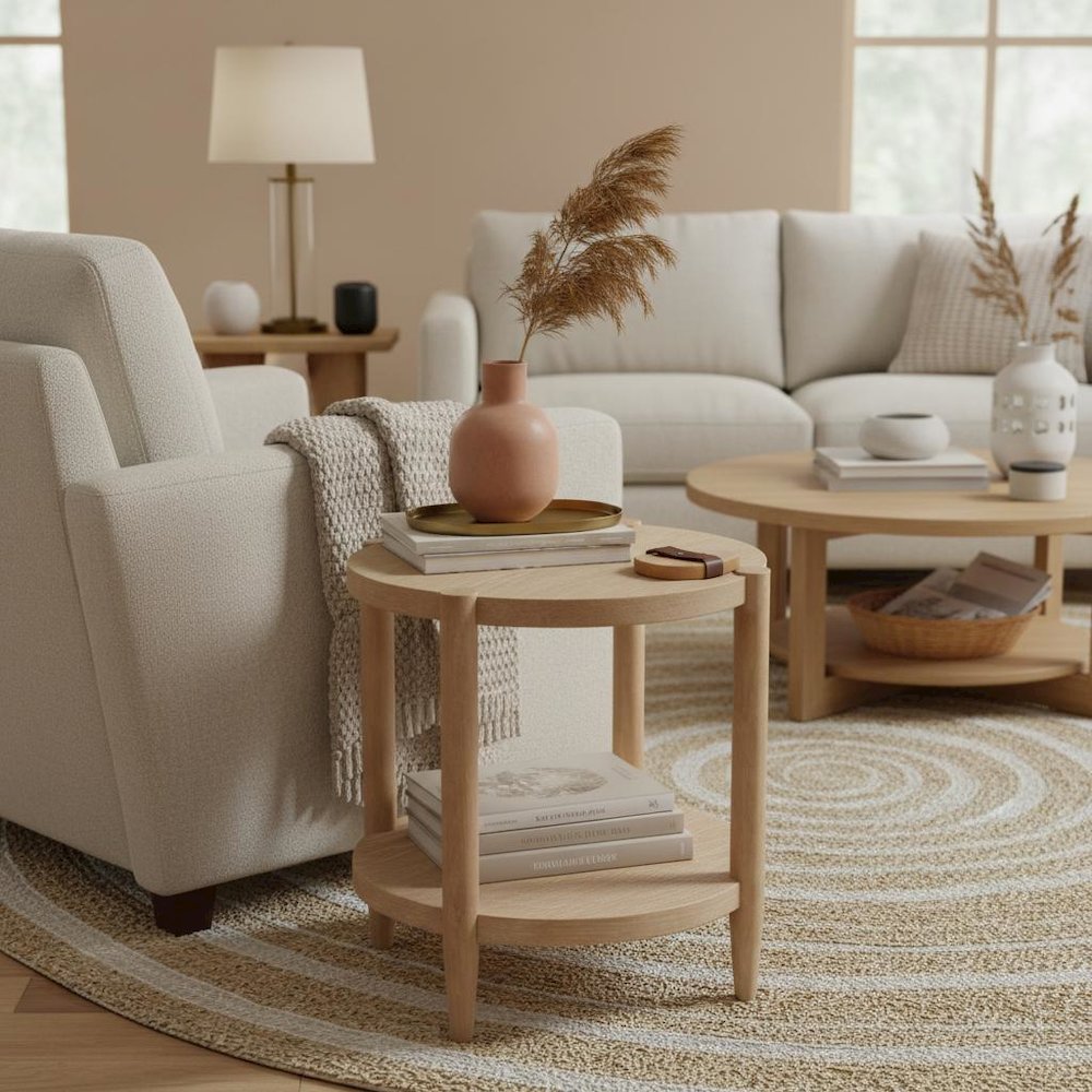 Light Wood Round End Table with Modern Contemporary Design