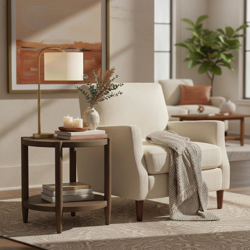 Round Walnut End Table with Modern Contemporary Design and Single Piece Build