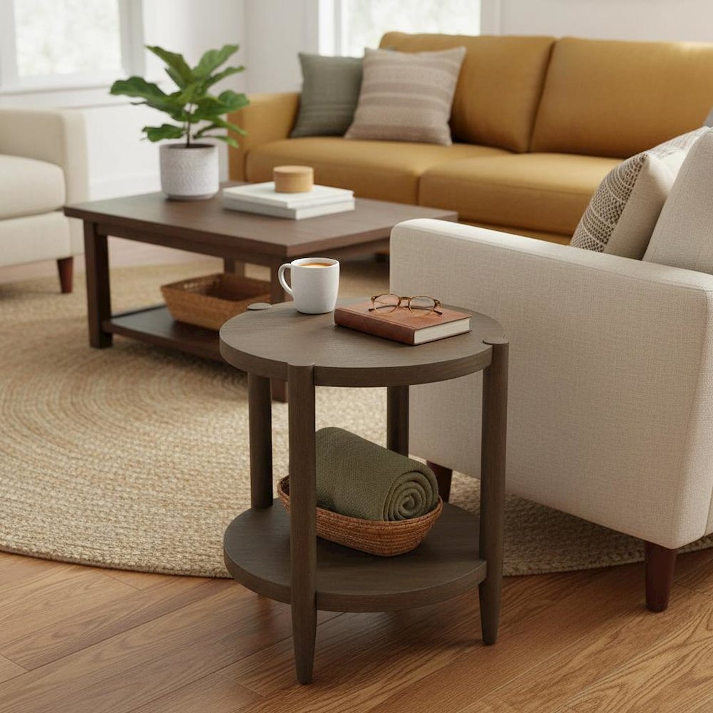 Round Walnut End Table with Modern Contemporary Design and Single Piece Build