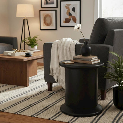 Black Modern End Table with Bottom Shelf and Curved Middle Area