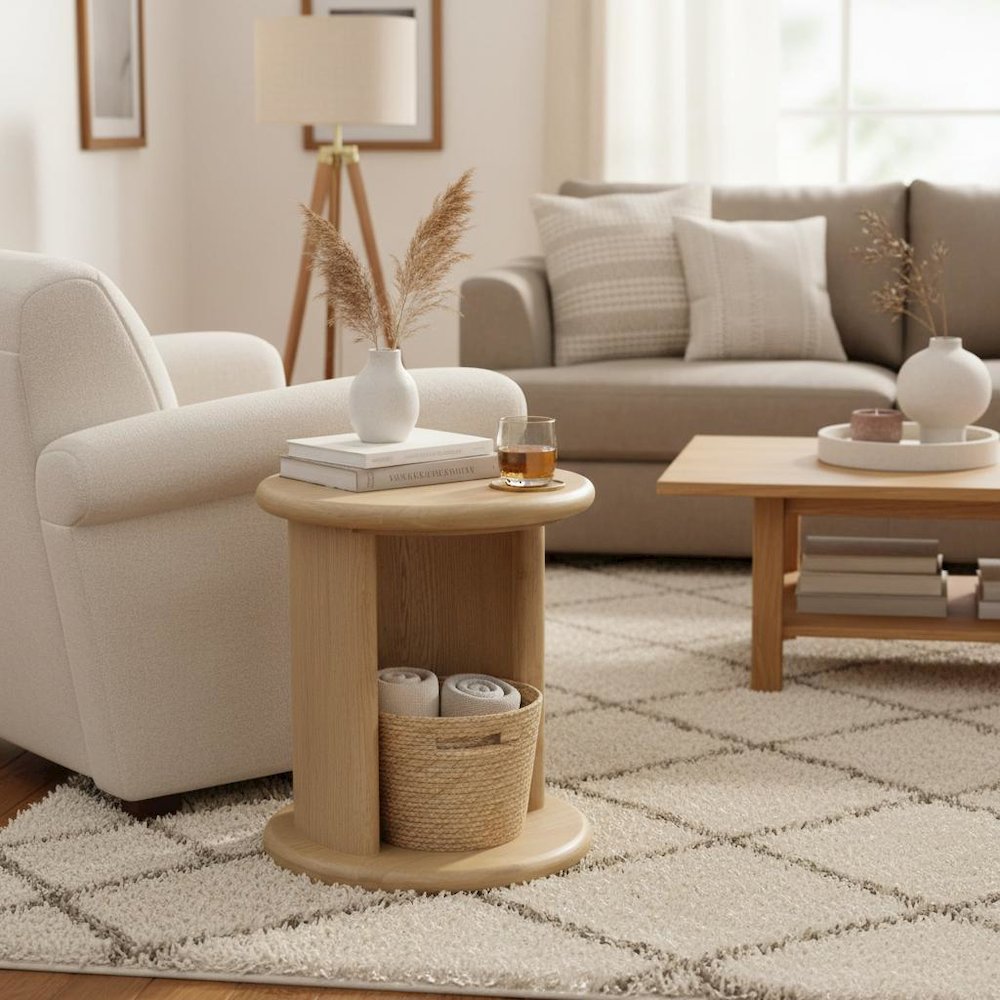 Light Oak End Table with Bottom Shelf Modern Design Single Piece