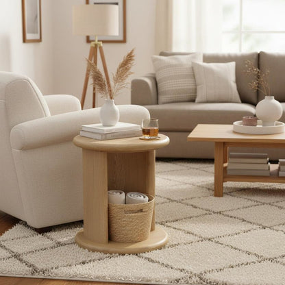 Light Oak End Table with Bottom Shelf Modern Design Single Piece