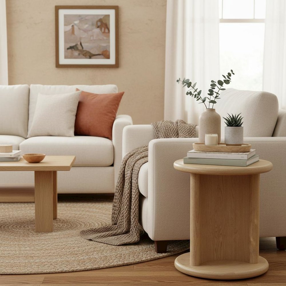 Light Oak End Table with Bottom Shelf Modern Design Single Piece