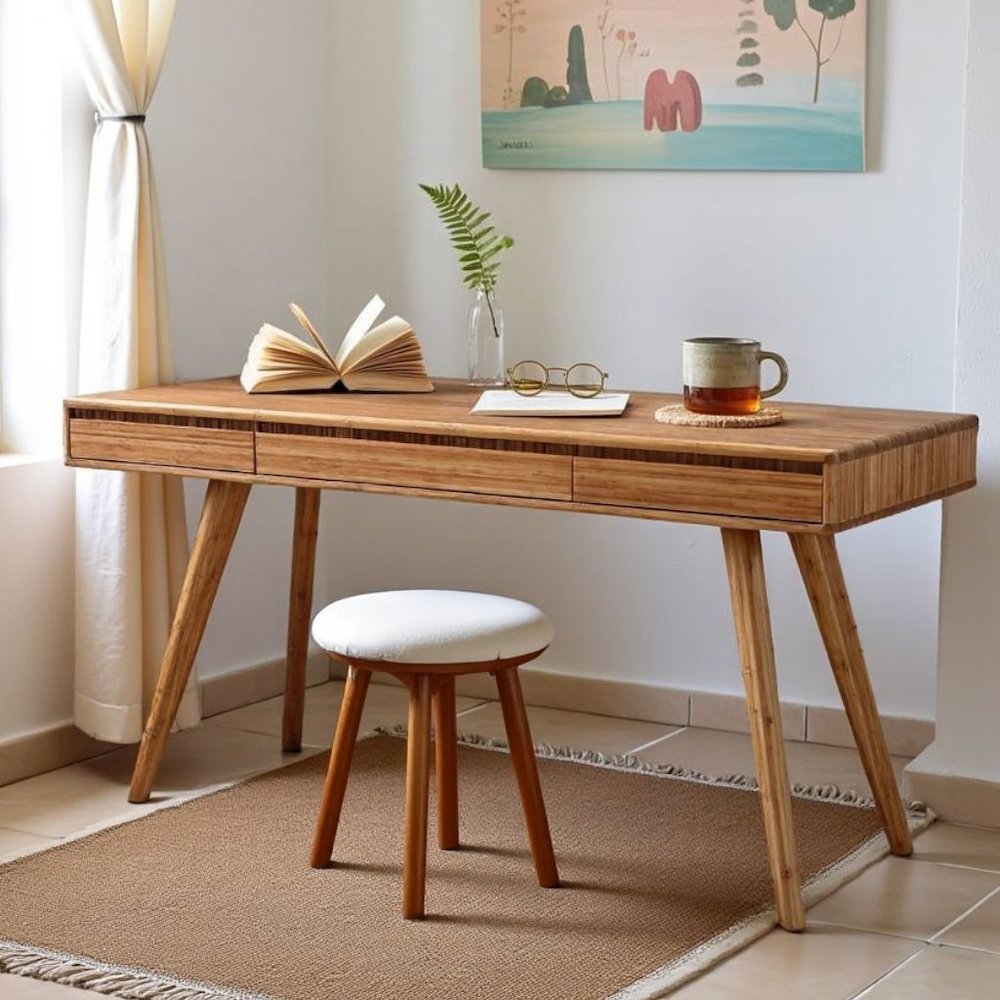 Solid Bamboo Desk in Caramel Finish – Wooden Desk with Three Drawers