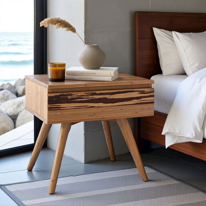 Caramelized Solid Bamboo Bed Side Table – Wood Nightstand with 1 Drawer