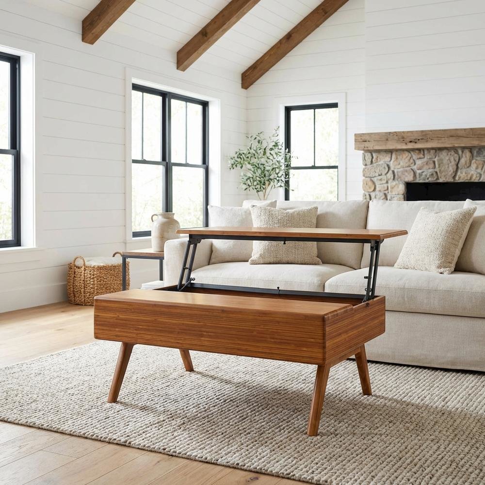 Amber Lift Top Coffee Table with 100% Bamboo Surface, Mid Century Modern Design