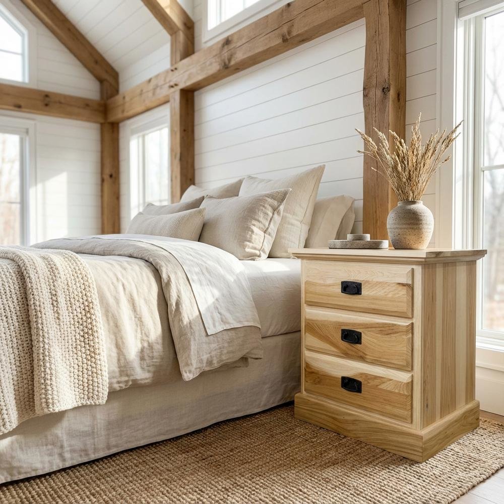 Light Wood 3 Drawer Nightstand, Solid Hickory Wood, Antiqued Bronze Hardware