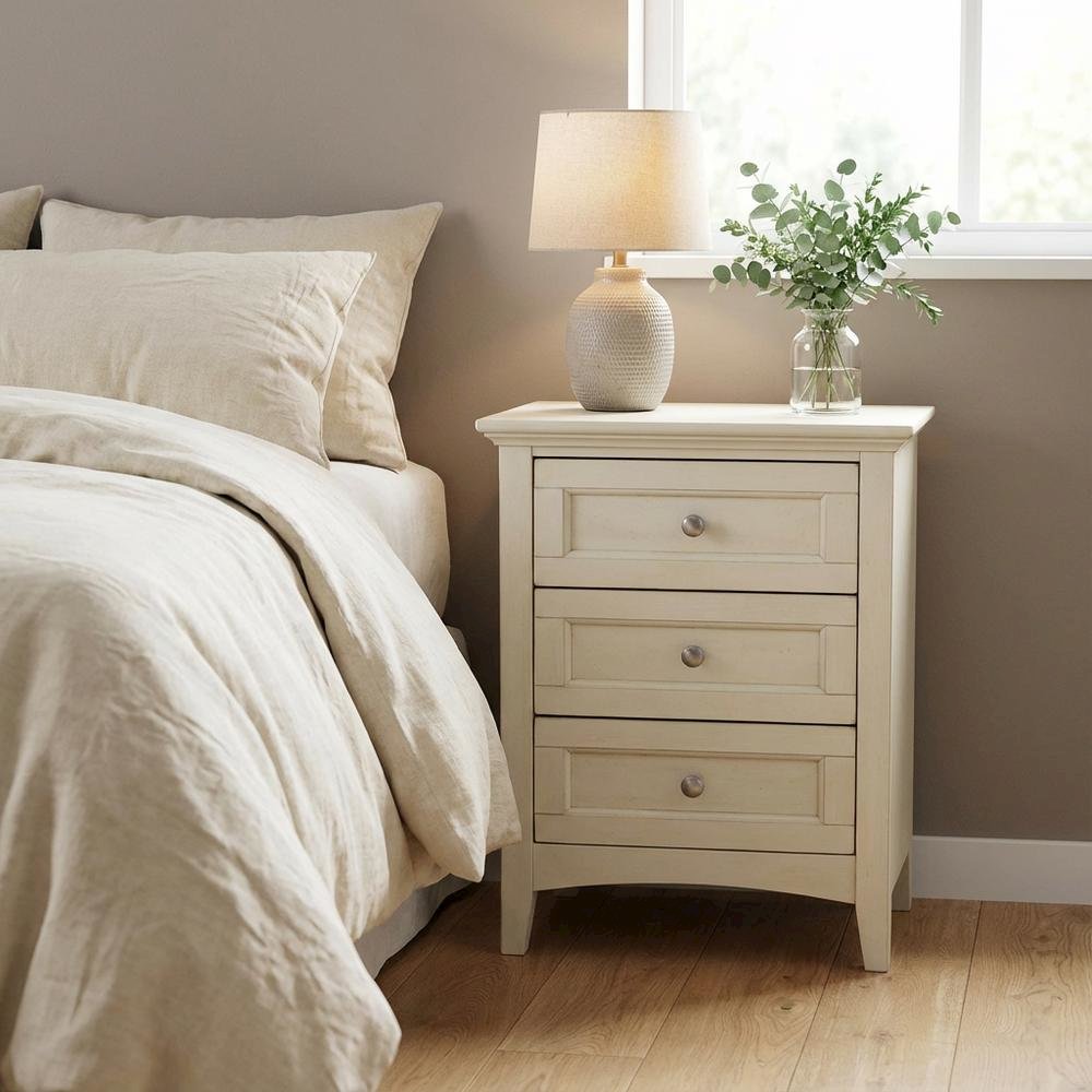 White Linen Nightstand, Brushed Nickel Hardware, Solid Rubberwood Construction