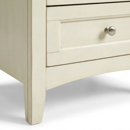 White Linen Nightstand, Brushed Nickel Hardware, Solid Rubberwood Construction