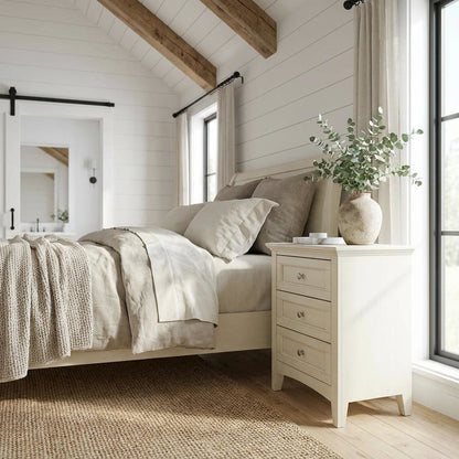 White Linen Nightstand, Brushed Nickel Hardware, Solid Rubberwood Construction