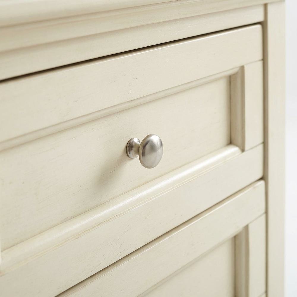 White Linen Nightstand, Brushed Nickel Hardware, Solid Rubberwood Construction