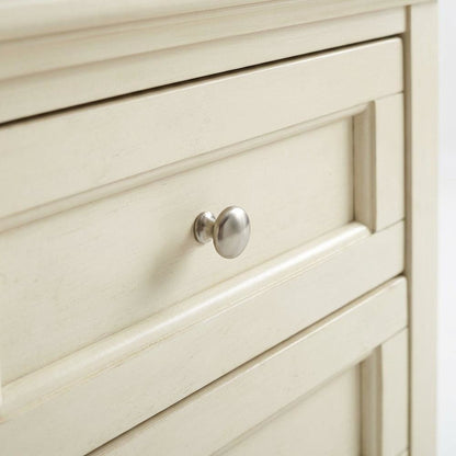 White Linen Nightstand, Brushed Nickel Hardware, Solid Rubberwood Construction