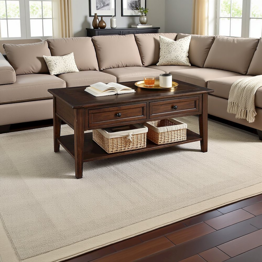 Rectangular Coffee Table with Storage, Solid Wood Cocktail Table Brown