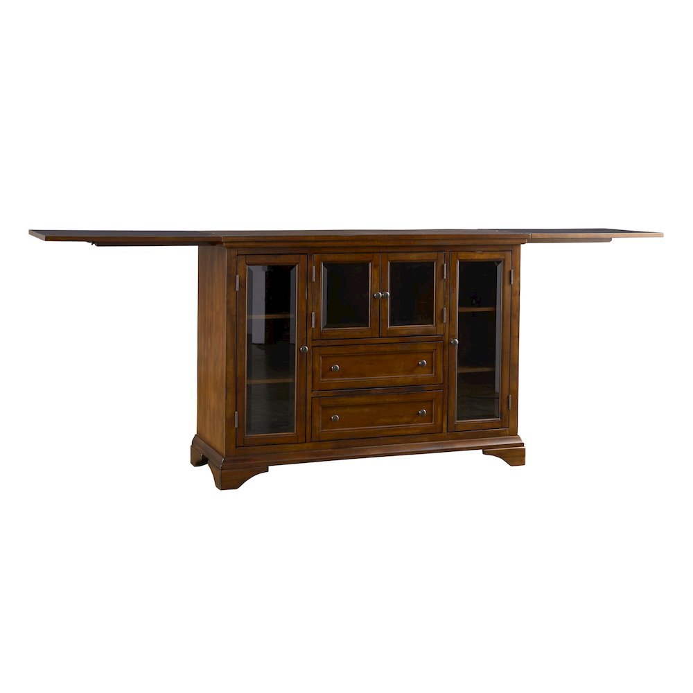 Brown Flip-Top Server Buffet Cabinet with Glass Doors and Drop Leaf Feature