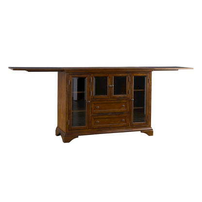 Brown Flip-Top Server Buffet Cabinet with Glass Doors and Drop Leaf Feature