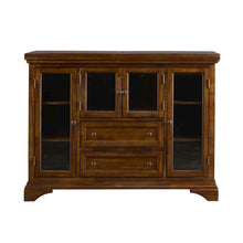 Brown Flip-Top Server Buffet Cabinet with Glass Doors and Drop Leaf Feature