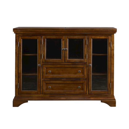 Brown Flip-Top Server Buffet Cabinet with Glass Doors and Drop Leaf Feature