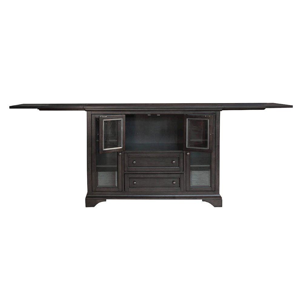 Gray Flip-Top Server Buffet Cabinet with Glass Doors and Drop Leaf Feature