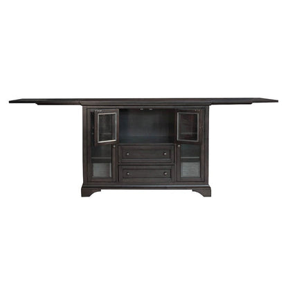 Gray Flip-Top Server Buffet Cabinet with Glass Doors and Drop Leaf Feature