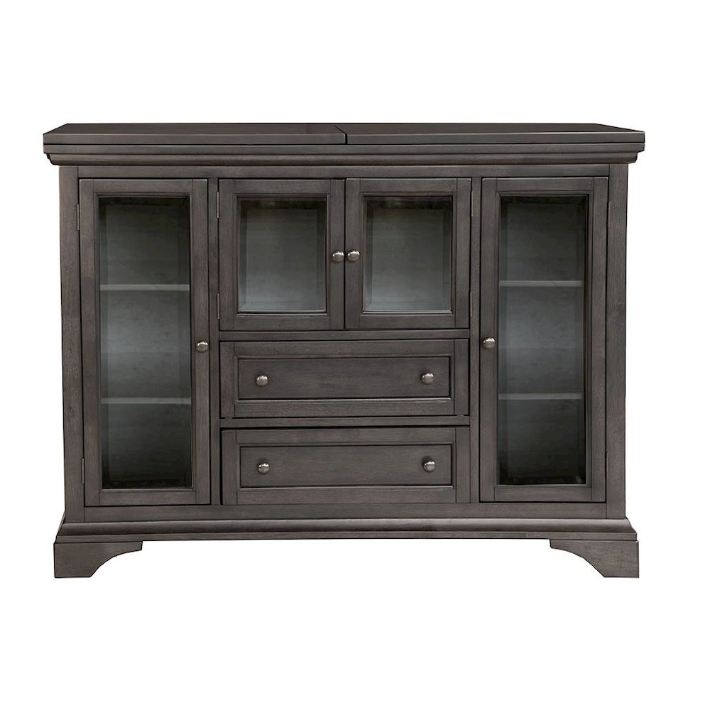 Gray Flip-Top Server Buffet Cabinet with Glass Doors and Drop Leaf Feature