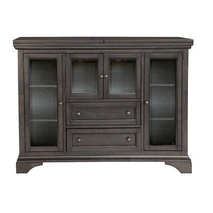 Gray Flip-Top Server Buffet Cabinet with Glass Doors and Drop Leaf Feature