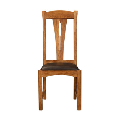 Set of 2 distressed amber wood side chairs with top grain leather seats