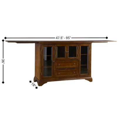 Brown Flip-Top Server Buffet Cabinet with Glass Doors and Drop Leaf Feature