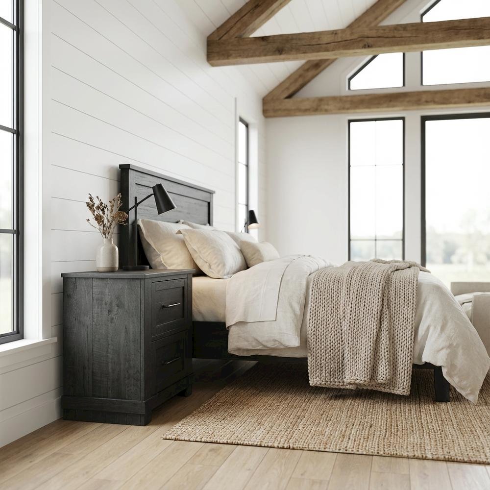 Charcoal Rustic Nightstand with Distressed Solid Pine and Graphite Hardware