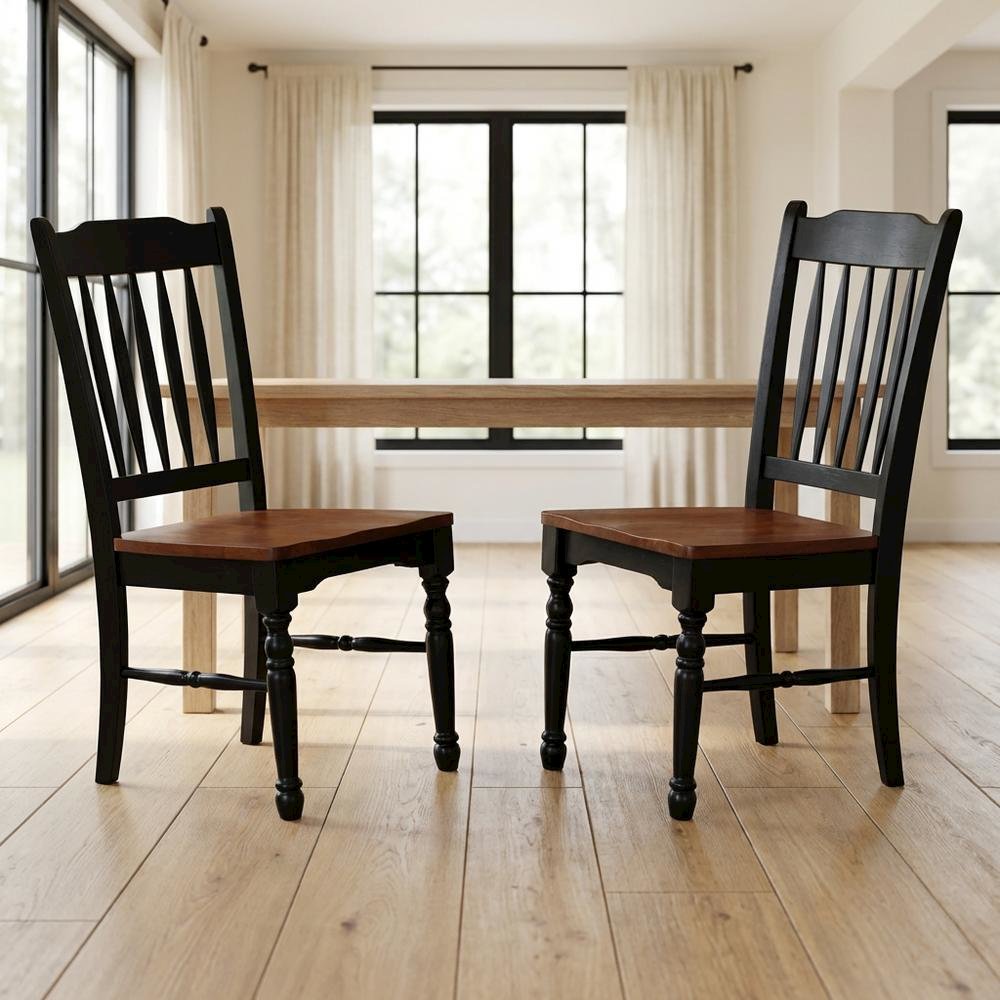 Solid Rubberwood Dining Chairs with Black Slatback Finish, Set of 2