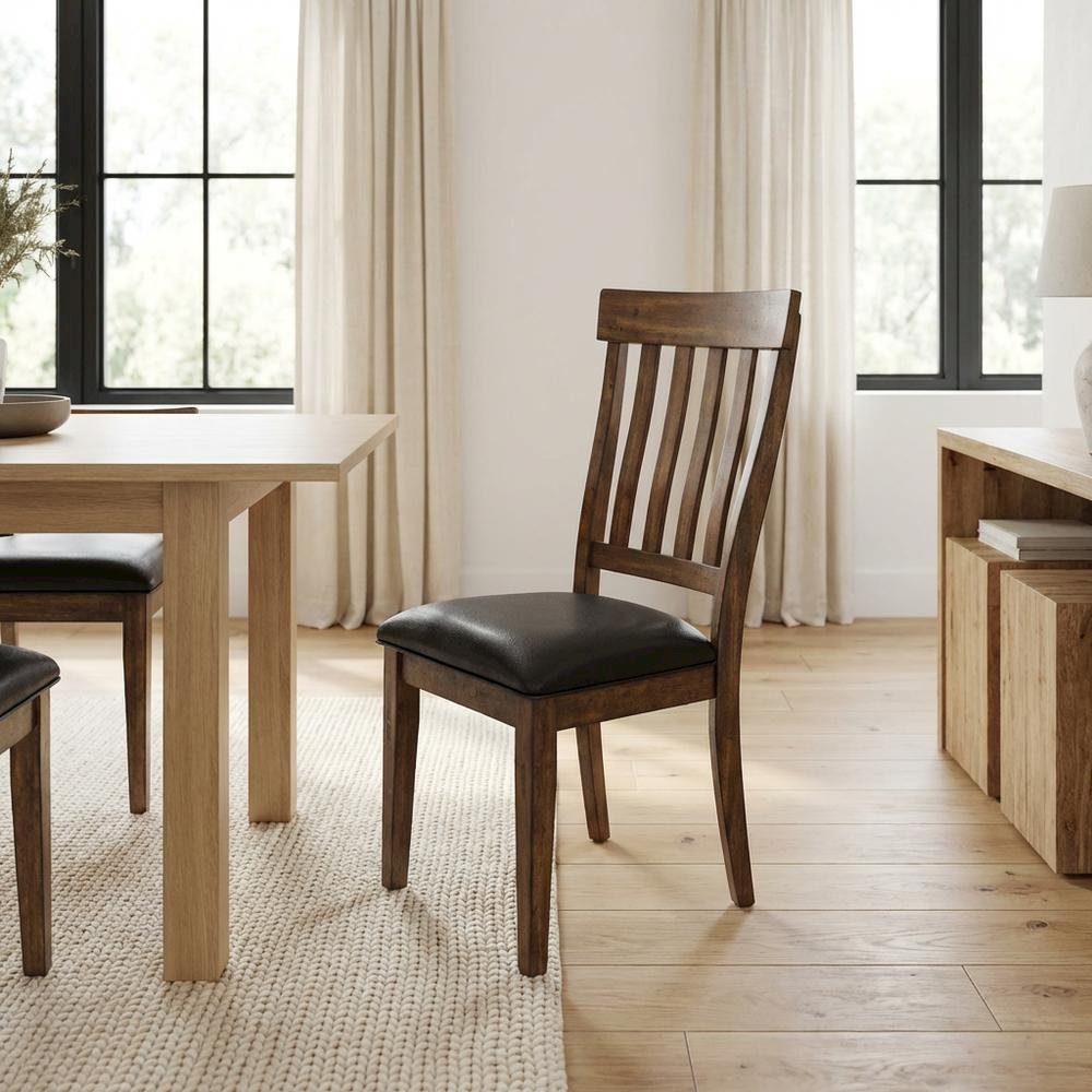Rustic Whiskey Slatback Dining Chairs with Faux Leather Upholstery
