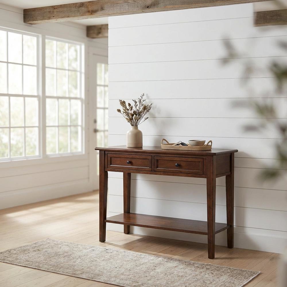 Cherry Brown Sofa Table with Shelf and Gunmetal Hardware in Solid Mahogany