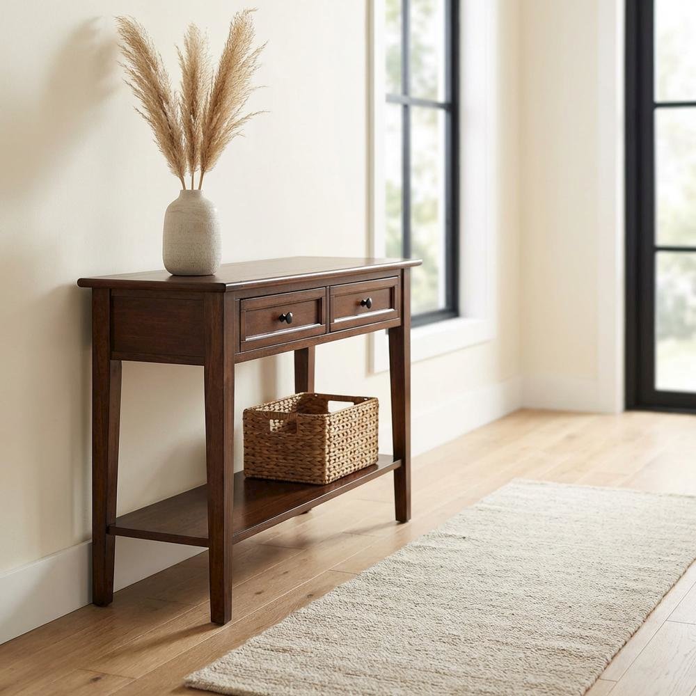 Cherry Brown Sofa Table with Shelf and Gunmetal Hardware in Solid Mahogany