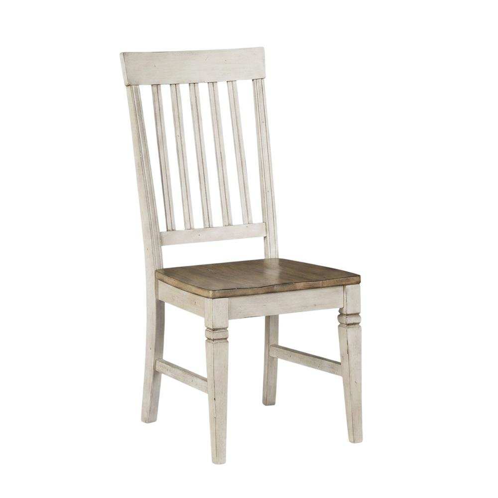 Smokey White & Peppercorn Side Chair with Slatback Design and Wooden Seat