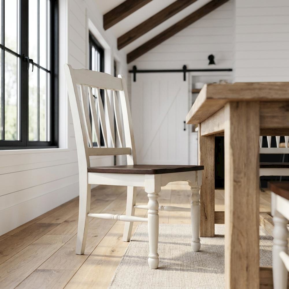 Chalk-Cocoa Bean Slatback Dining Chairs with Light Distressing Set of 2