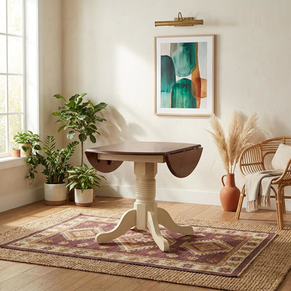 Round Drop-Leaf Dining Table in Merlot-Buttermilk Finish, Adjustable Length