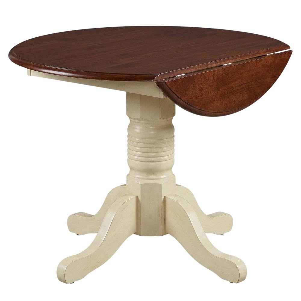 Round Drop-Leaf Dining Table in Merlot-Buttermilk Finish, Adjustable Length