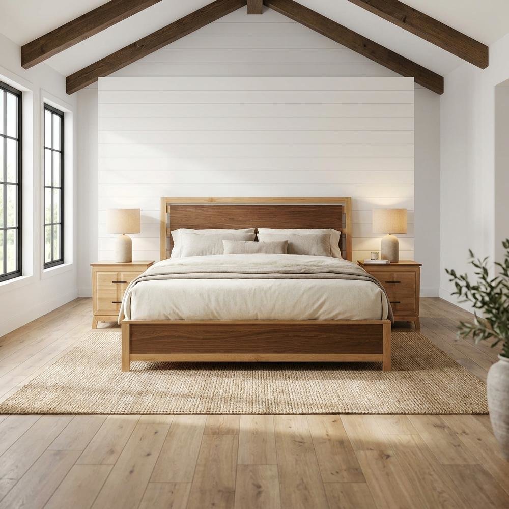 Transitional Queen Platform Bed with Natural Alder and Warm Walnut Finish