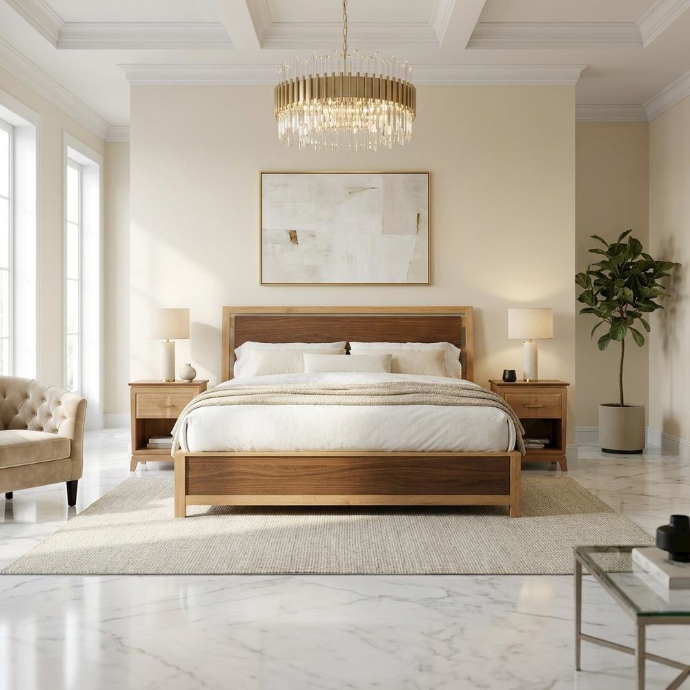 Transitional Queen Platform Bed with Natural Alder and Warm Walnut Finish