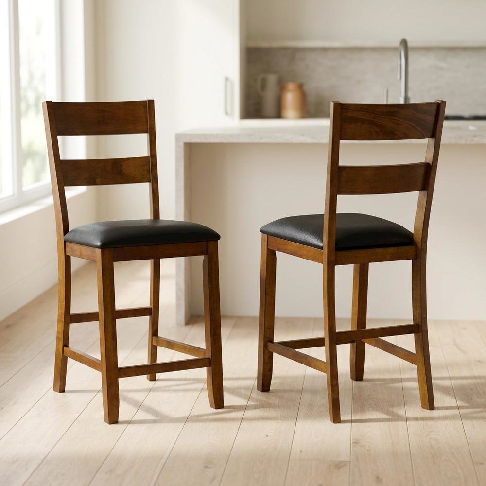 Rustic Whiskey Counter Stool with Upholstered Faux Leather Seat 2-Piece Set