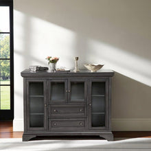 Gray Flip-Top Server Buffet Cabinet with Glass Doors and Drop Leaf Feature