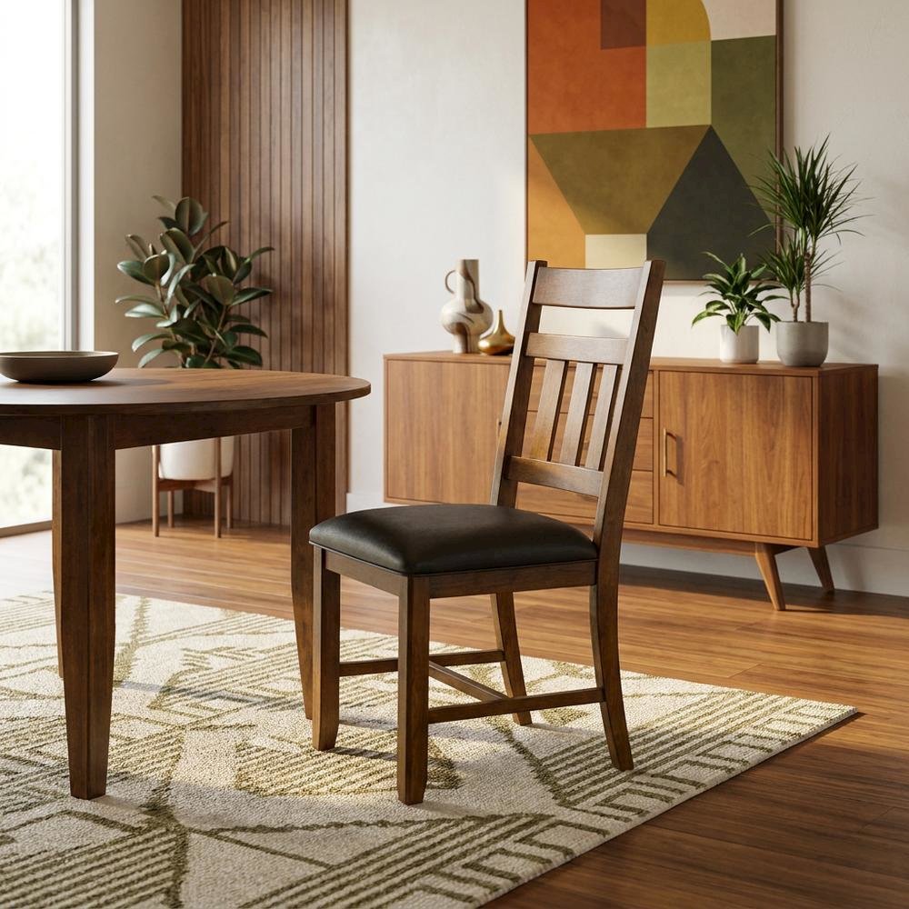 Distressed Mango Side Chair with Upholstered Faux Leather Seat, Warm Pecan