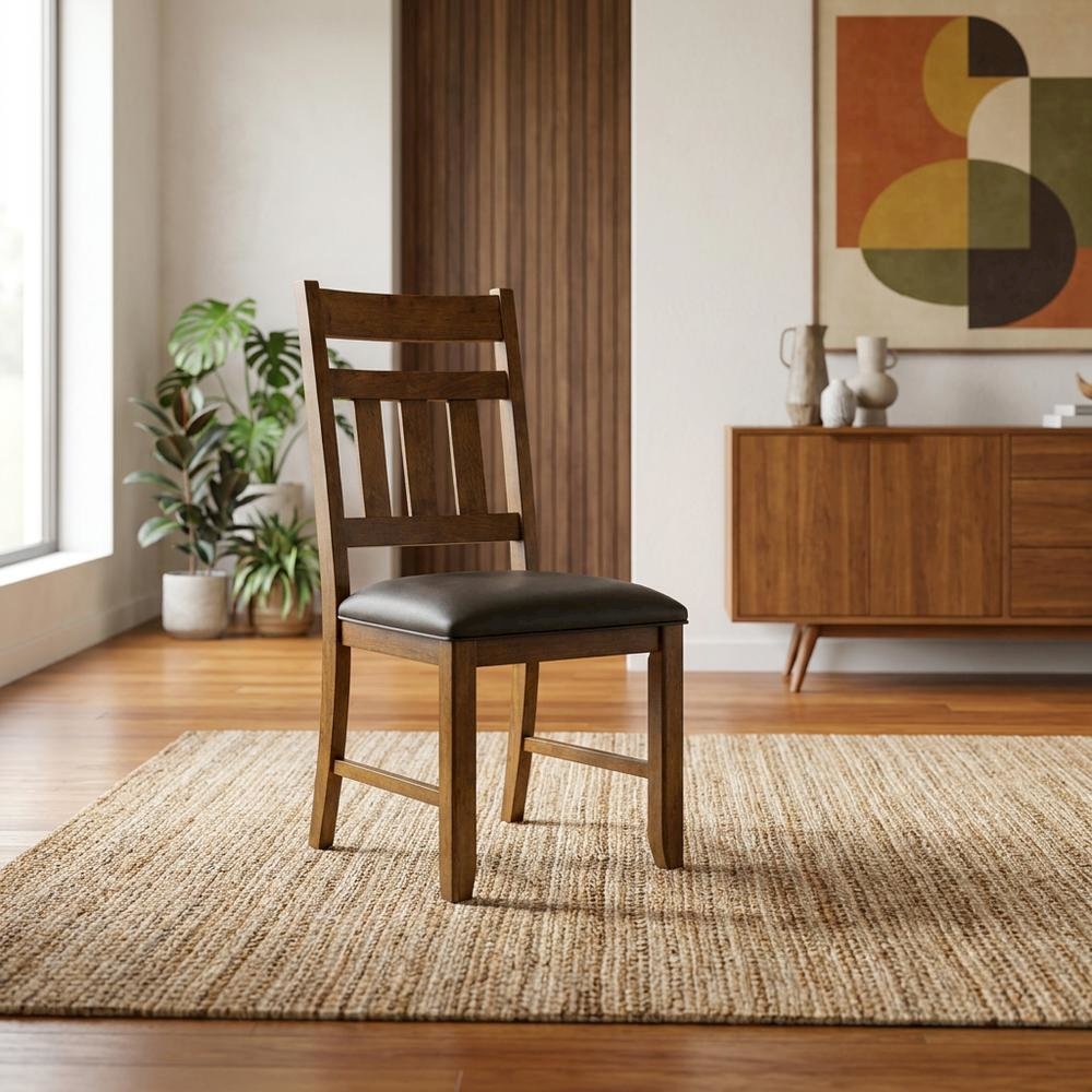 Distressed Mango Side Chair with Upholstered Faux Leather Seat, Warm Pecan