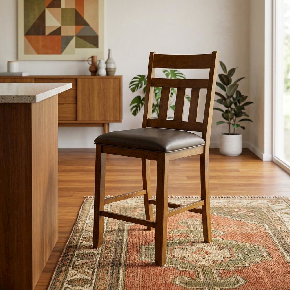 Distressed Mango Counter Stool with Upholstered Faux Leather Seat, Warm Pecan