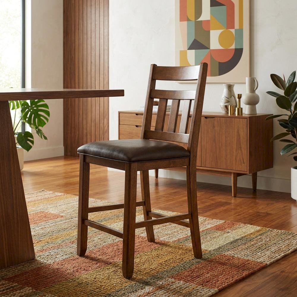 Distressed Mango Counter Stool with Upholstered Faux Leather Seat, Warm Pecan