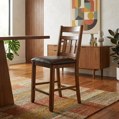 Distressed Mango Counter Stool with Upholstered Faux Leather Seat, Warm Pecan