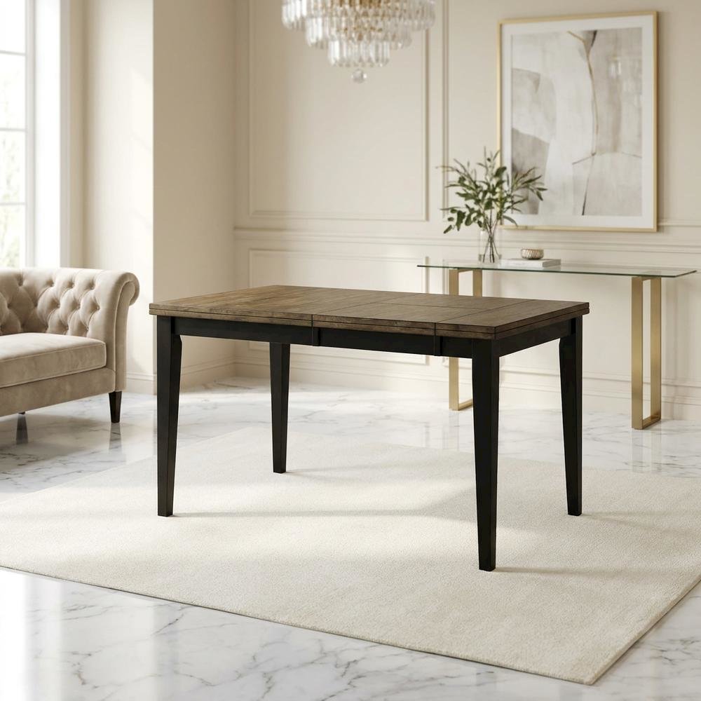 Chicory and black distressed wood dining table with adjustable length, seats six
