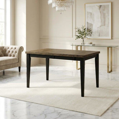 Chicory and black distressed wood dining table with adjustable length, seats six