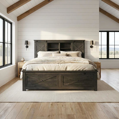 Charcoal Rustic Storage Bed with Integrated Bench and Solid Pine Construction